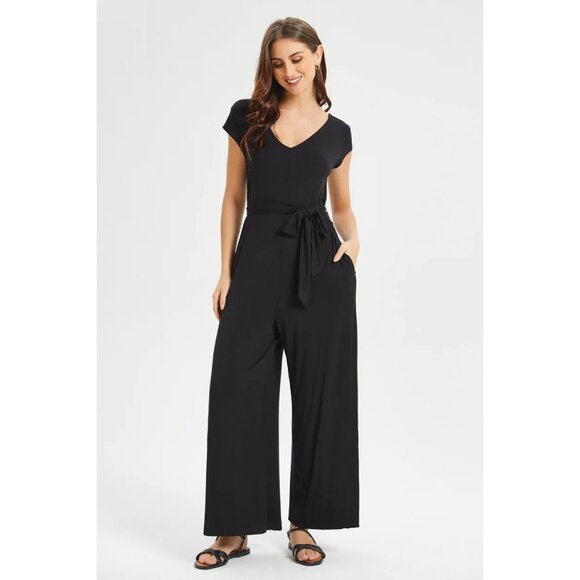 Betabrand Day to Night Wide Leg Jumpsuit Black Belted - Size Small - Picture 1 of 5